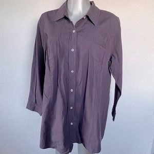 Pinstriped Button Up Shirt Long Sleeve Purple Plus Size Business Casual Pockets